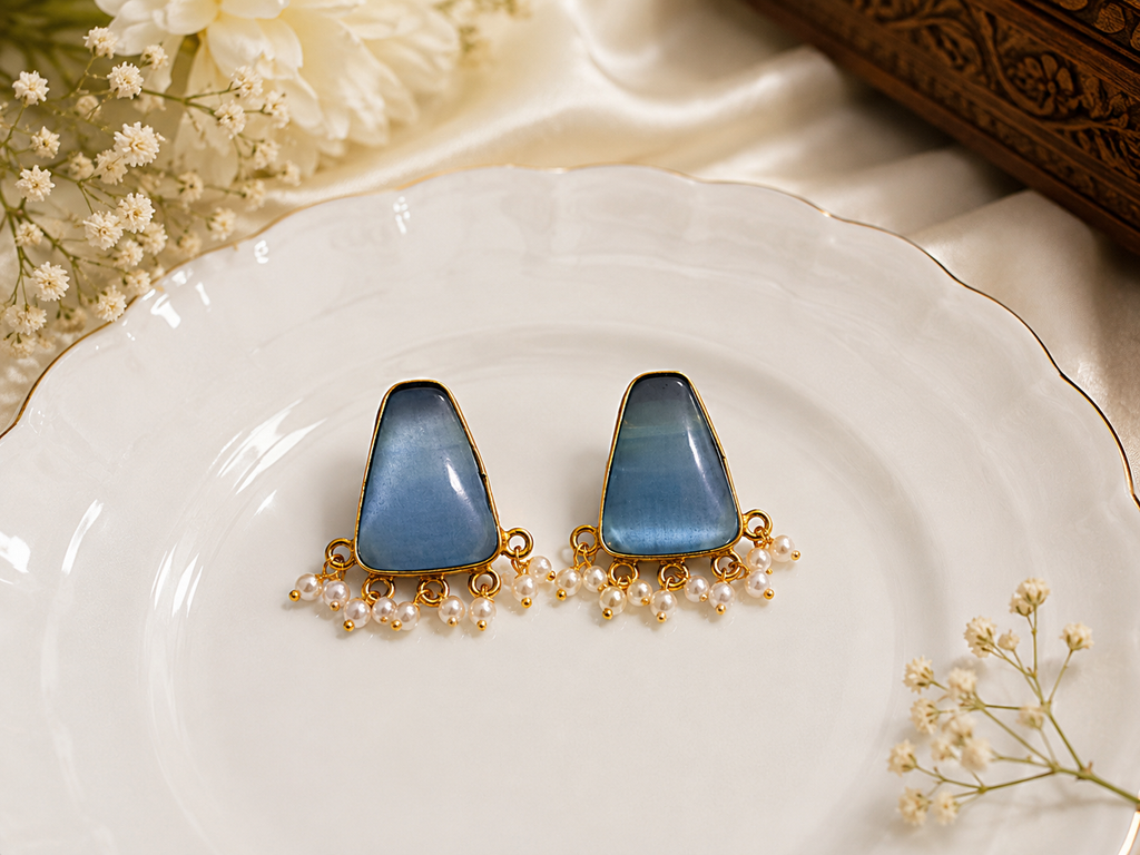 Sky Blue Pearl Drop Earrings – Elegant Simplicity with a Touch of Grace