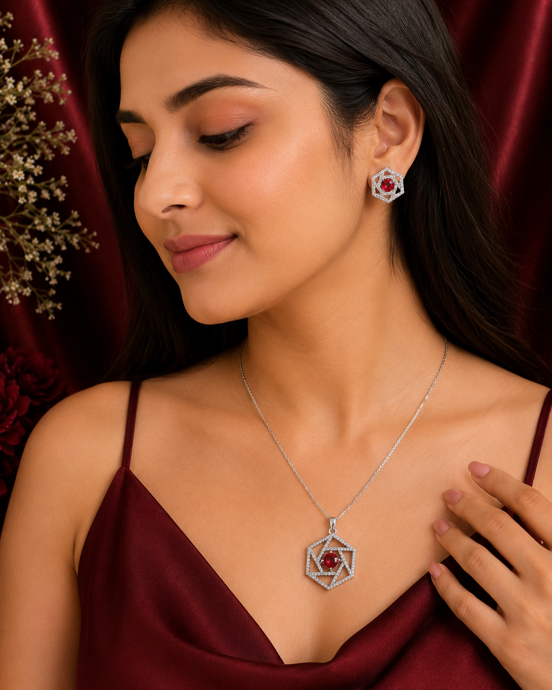 Ruby Elegance Pendant Set – A Statement of Grace and Sophistication