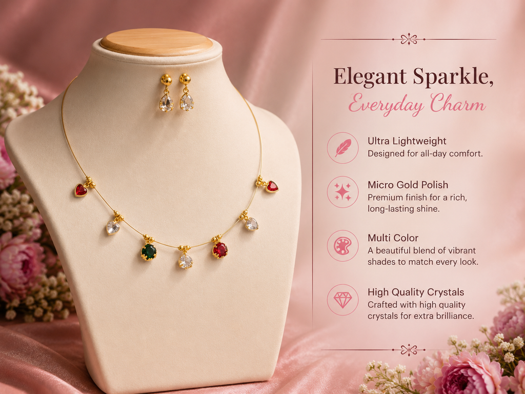 Multicolor Crystal Charm Necklace Set – Elegant Sparkle for Every Occasion
