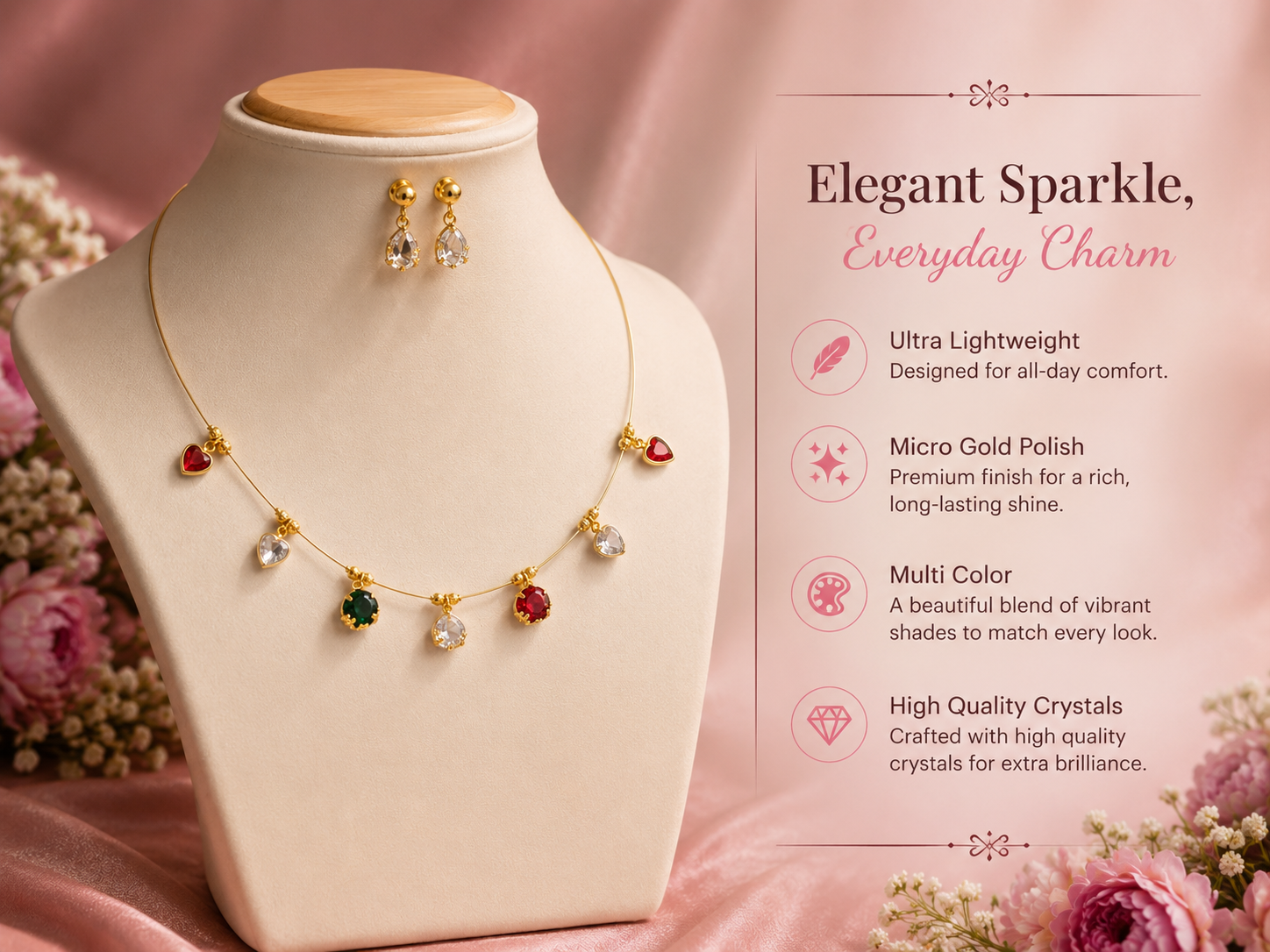 Multicolor Crystal Charm Necklace Set – Elegant Sparkle for Every Occasion