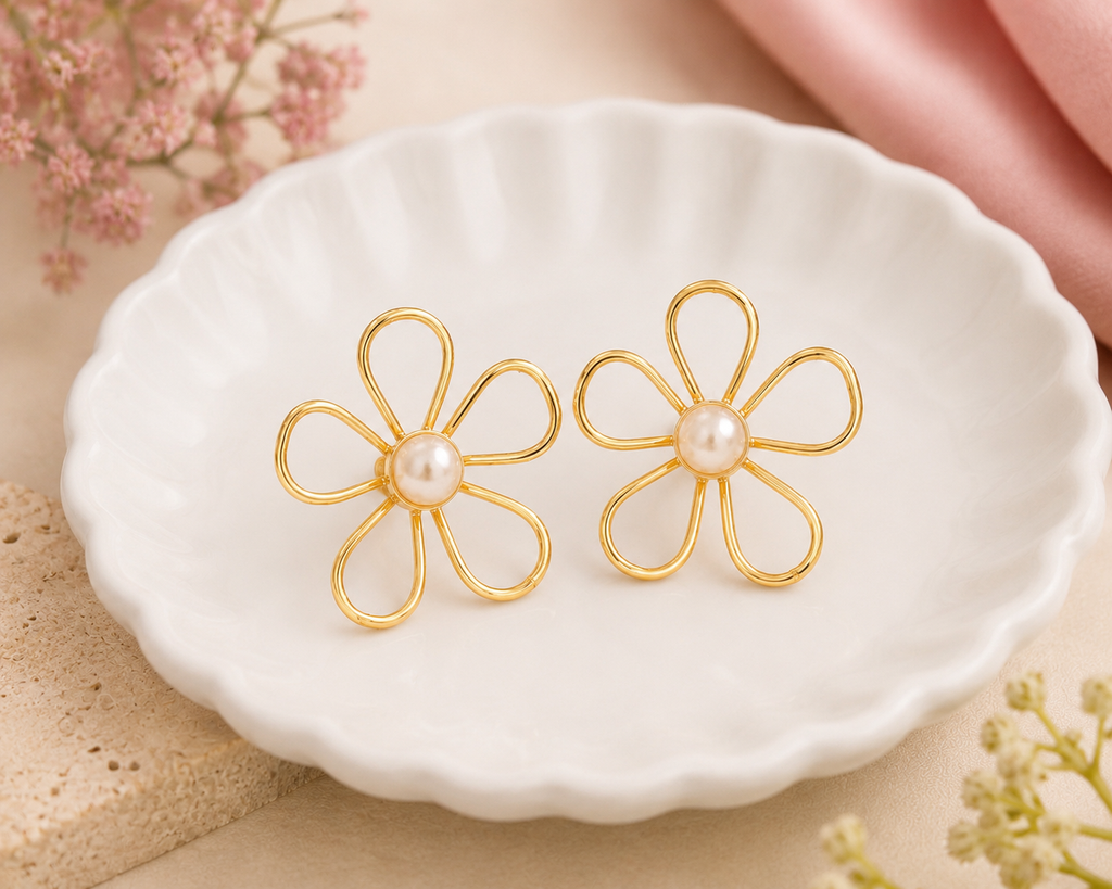 Anti Tarnish Pearl Flower Studs