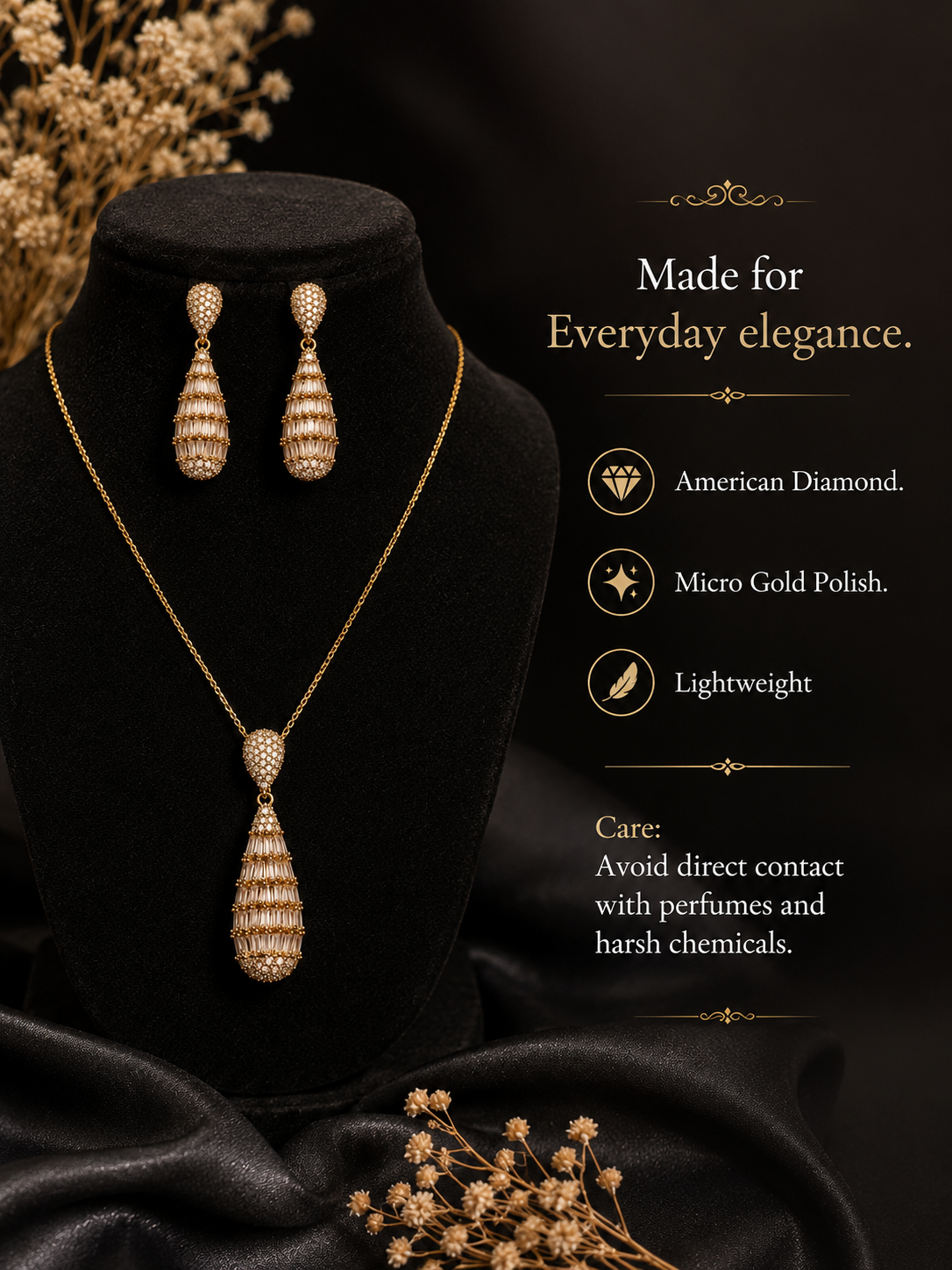 American Diamond Drop Pendant & Earrings Set – Sophisticated Sparkle for Every Occasion