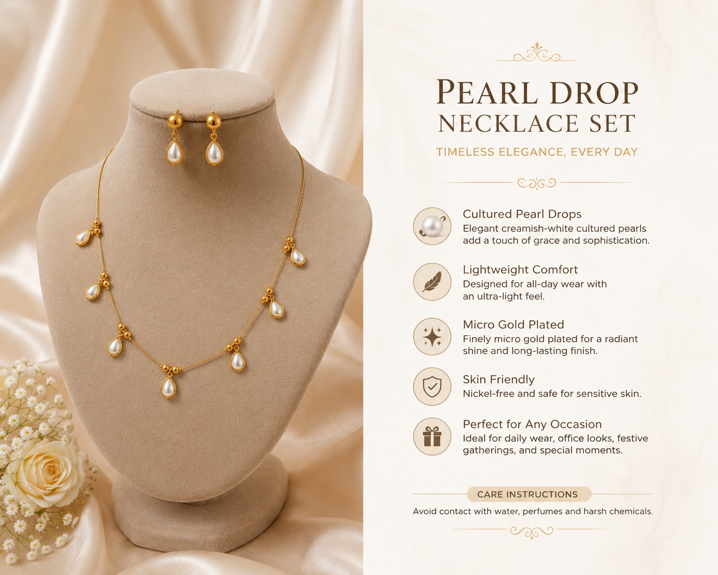 Pearl Drop Necklace &amp; Earrings Set – Timeless Elegance for Every Occasion