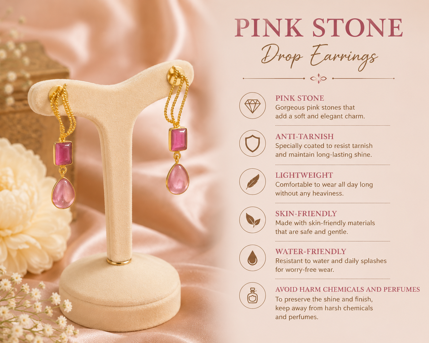 Pink Stone Drop Earrings – Graceful Elegance with Every Movement
