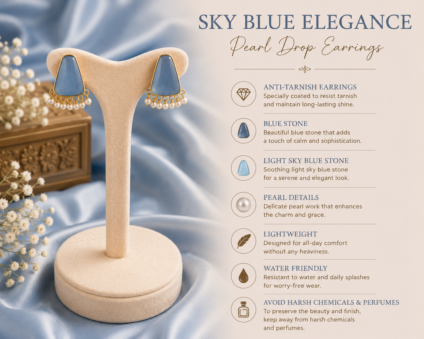 Sky Blue Pearl Drop Earrings – Elegant Simplicity with a Touch of Grace