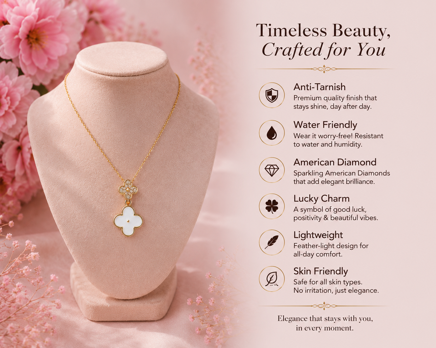 Lucky Clover American Diamond Pendant Necklace – Timeless Elegance for Every Day