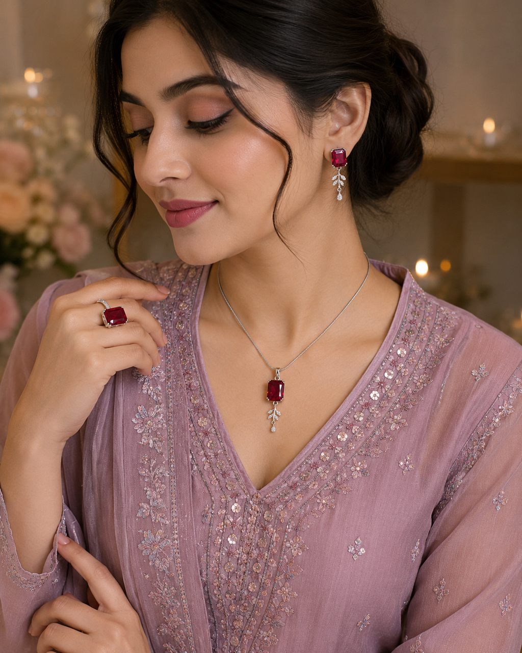 Ruby Elegance Jewelry Set – Pendant, Earrings &amp; Ring