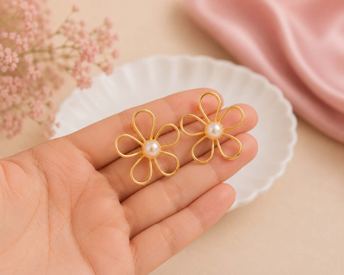 Anti Tarnish Pearl Flower Studs