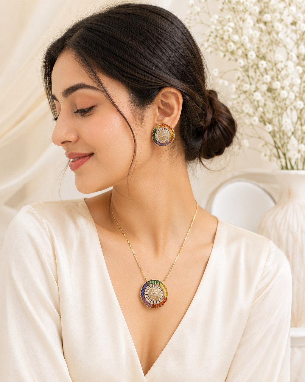 Radiant Elegance American Diamond Pendant & Earrings Set – Colorful Sparkle, Timeless Charm