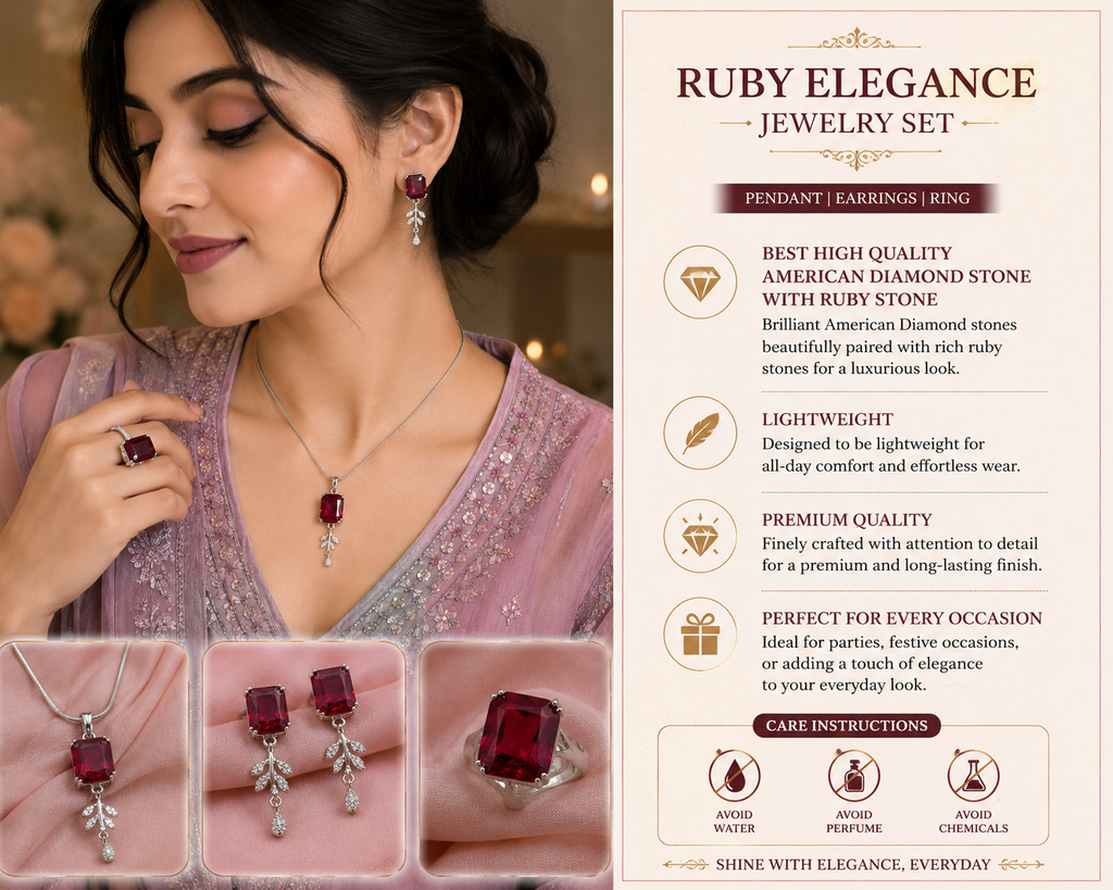 Ruby Elegance Jewelry Set – Pendant, Earrings &amp; Ring