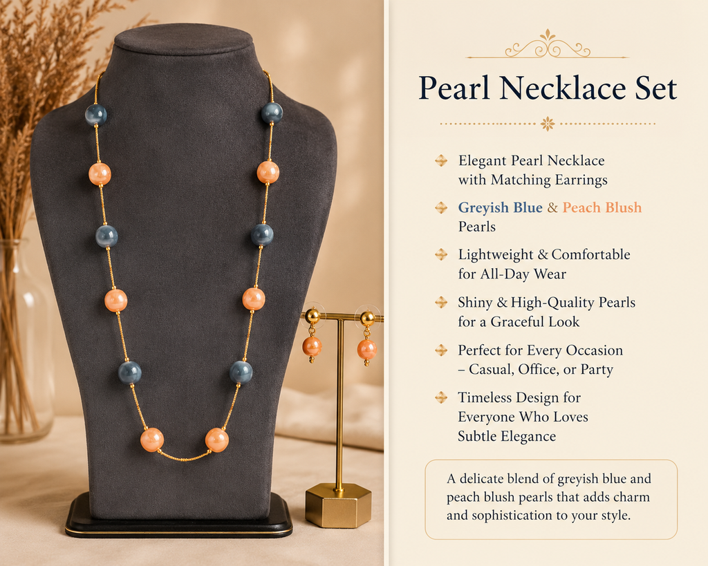 Greyish Blue &amp; Peach Pearl Necklace Set – Timeless Elegance with Matching Earrings