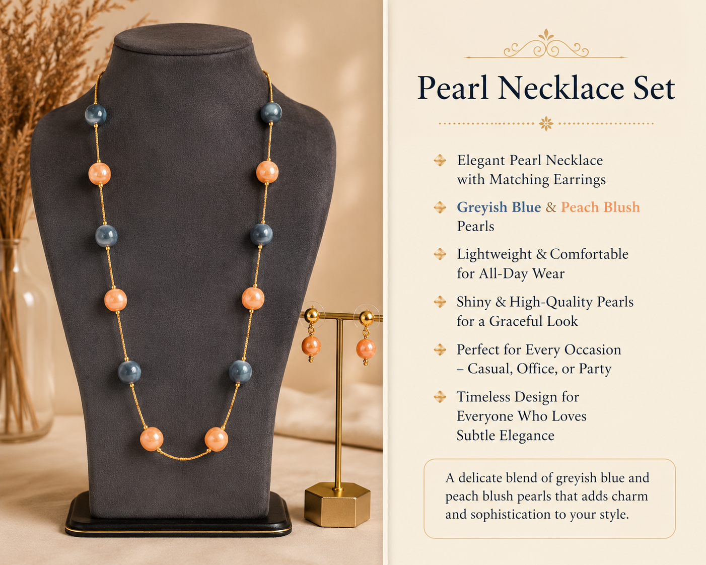 Greyish Blue &amp; Peach Pearl Necklace Set – Timeless Elegance with Matching Earrings
