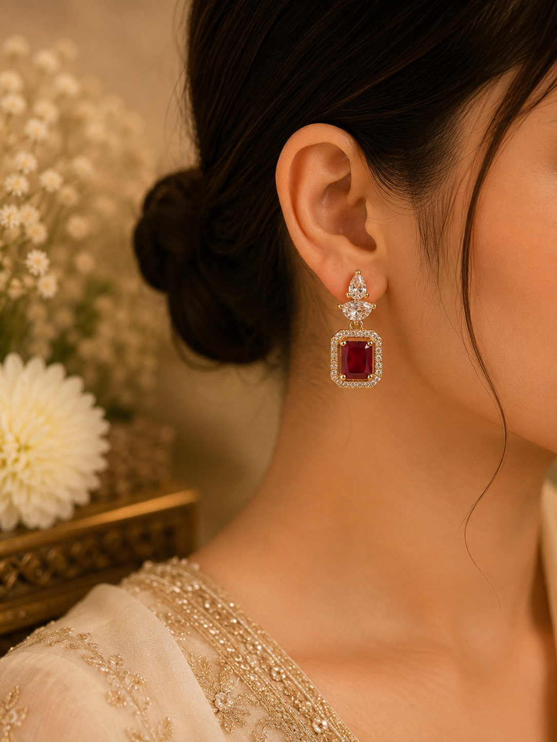 Red Stone American Diamond Earrings – Bold Elegance, Timeless Sparkle