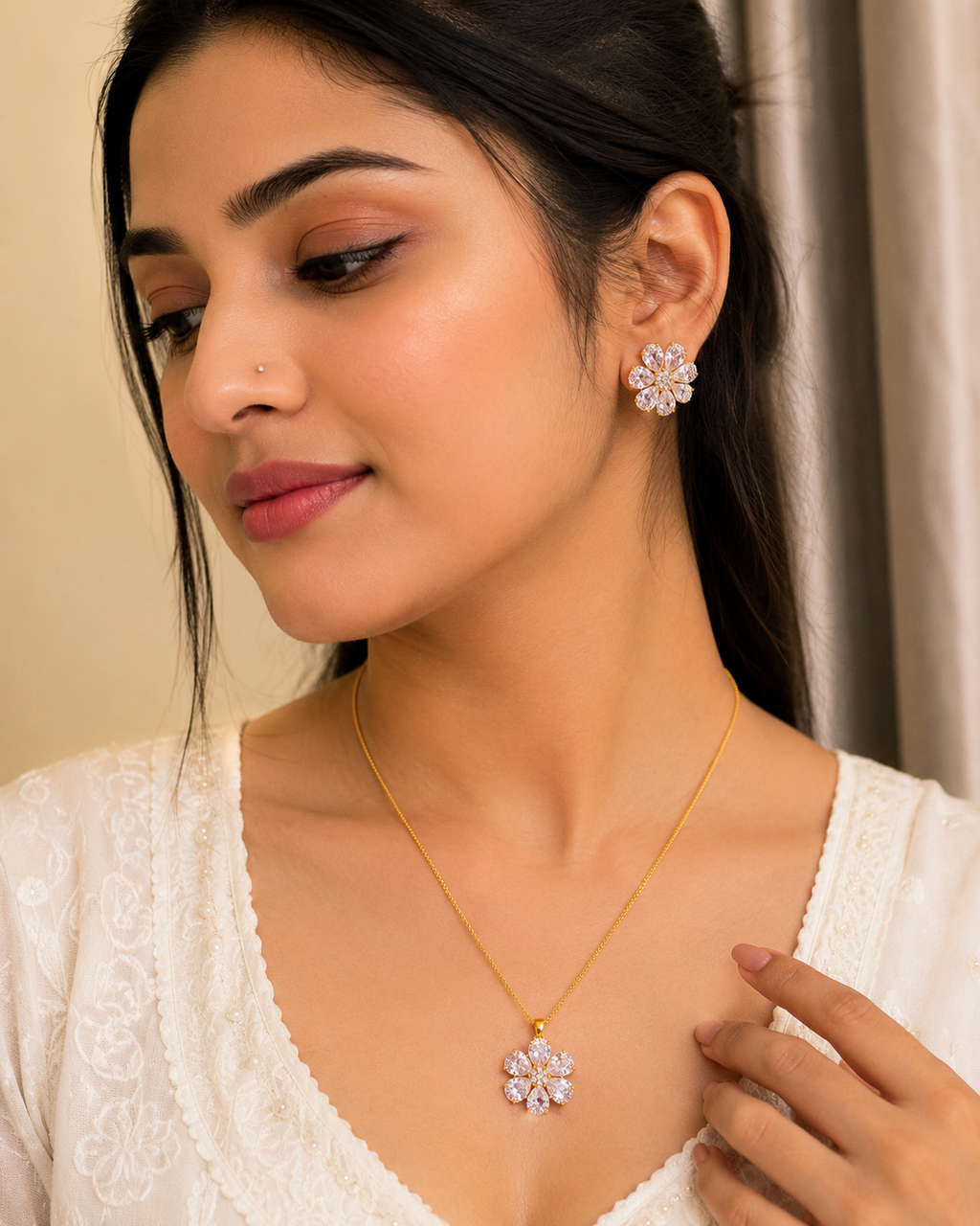 Floral Radiance Pendant &amp; Earrings Set – Bloom with Timeless Elegance