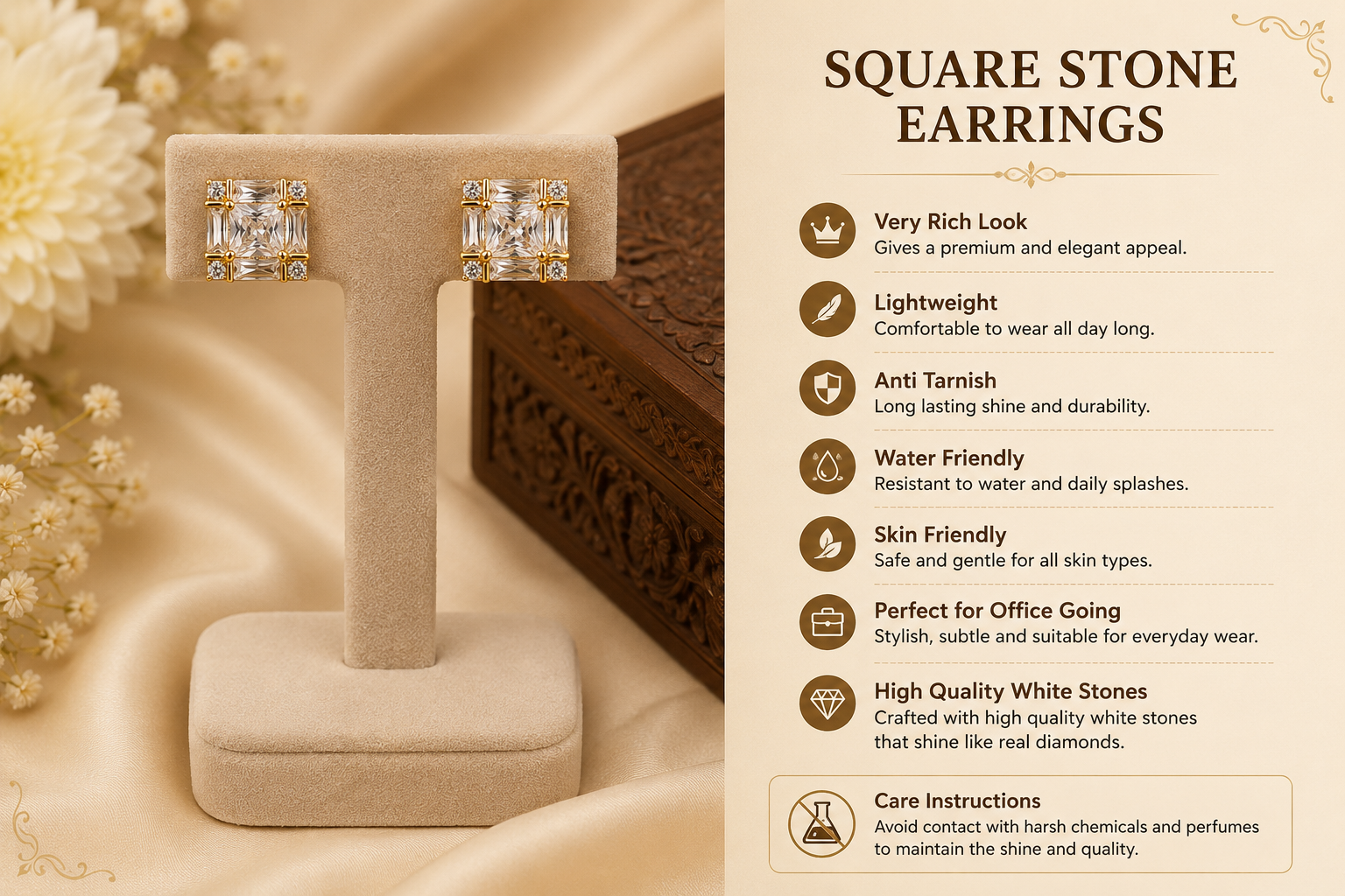 Premium Square Stone Stud Earrings – Timeless Elegance for Every Day