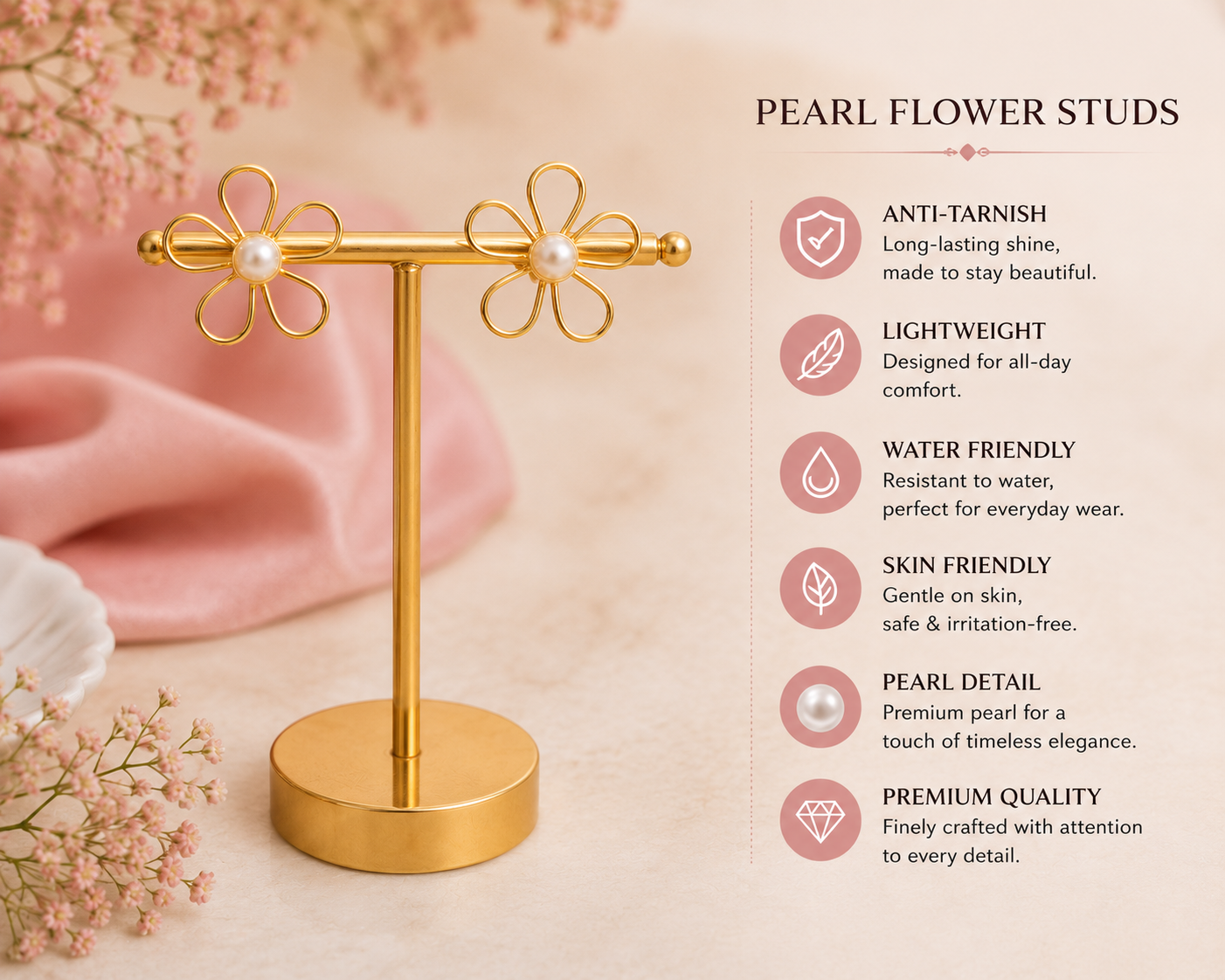 Anti Tarnish Pearl Flower Studs