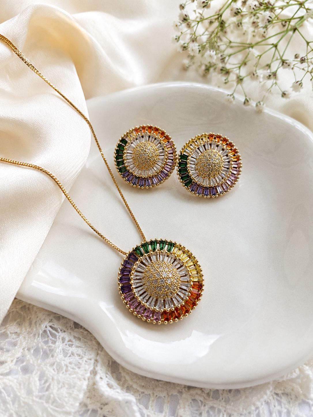 Radiant Elegance American Diamond Pendant & Earrings Set – Colorful Sparkle, Timeless Charm