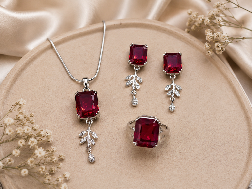 Ruby Elegance Jewelry Set – Pendant, Earrings &amp; Ring