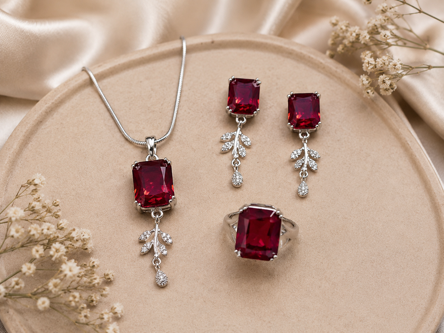 Ruby Elegance Jewelry Set – Pendant, Earrings &amp; Ring