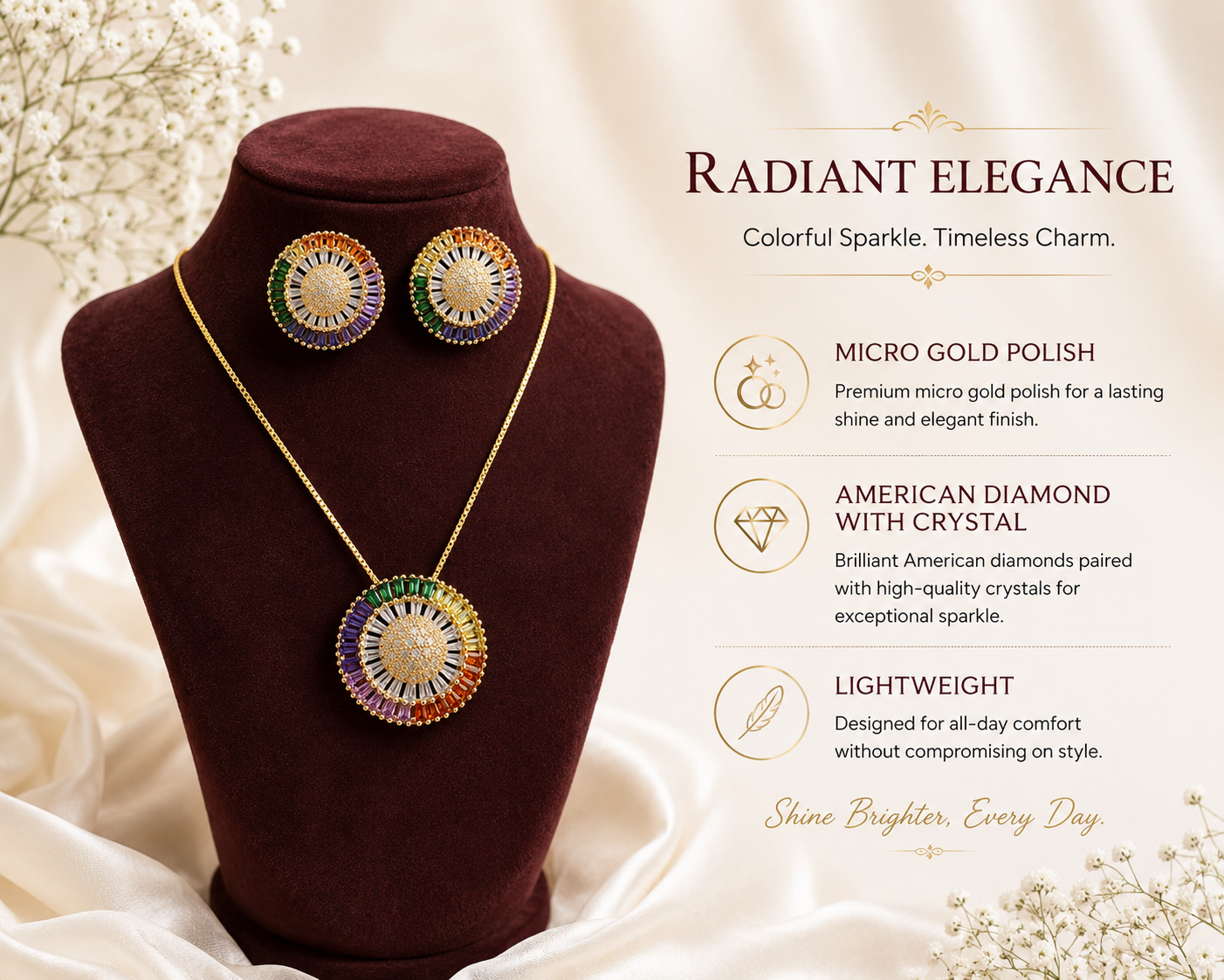 Radiant Elegance American Diamond Pendant & Earrings Set – Colorful Sparkle, Timeless Charm