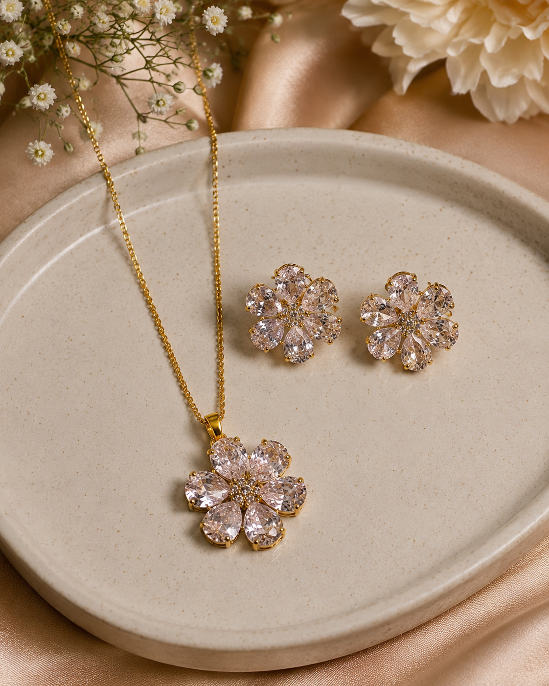 Floral Radiance Pendant &amp; Earrings Set – Bloom with Timeless Elegance