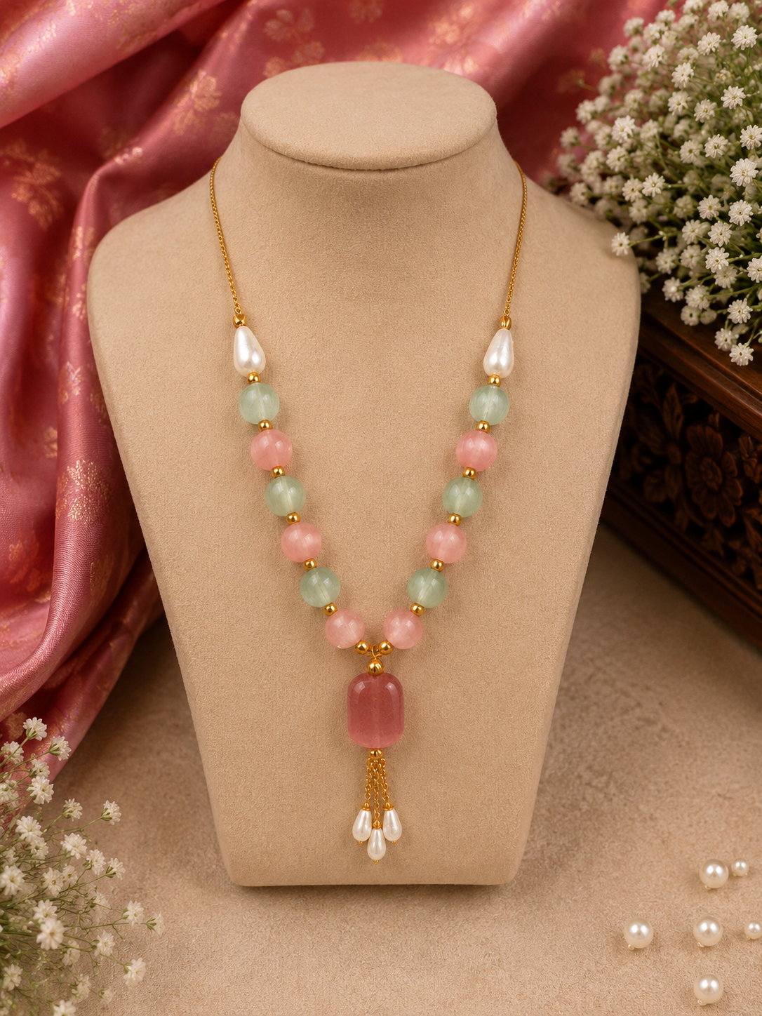 Green &amp; Pink Beaded Chain with Earrings Set