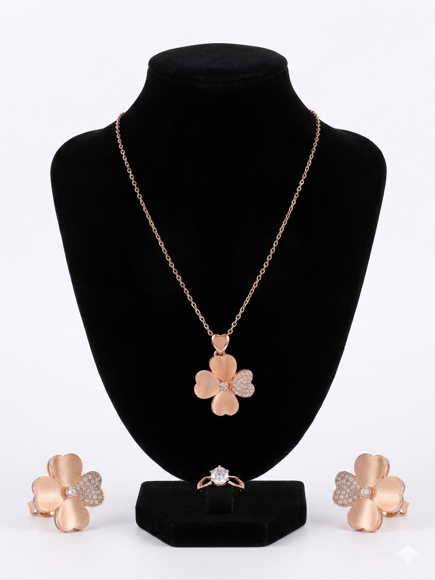 Rose Gold Flower Clover Necklace Earrings and Ring Jewellery Set