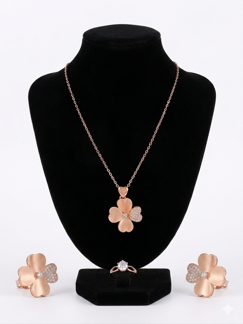 Rose Gold Flower Clover Necklace Earrings and Ring Jewellery Set
