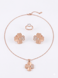 Rose Gold Flower Clover Necklace Earrings and Ring Jewellery Set