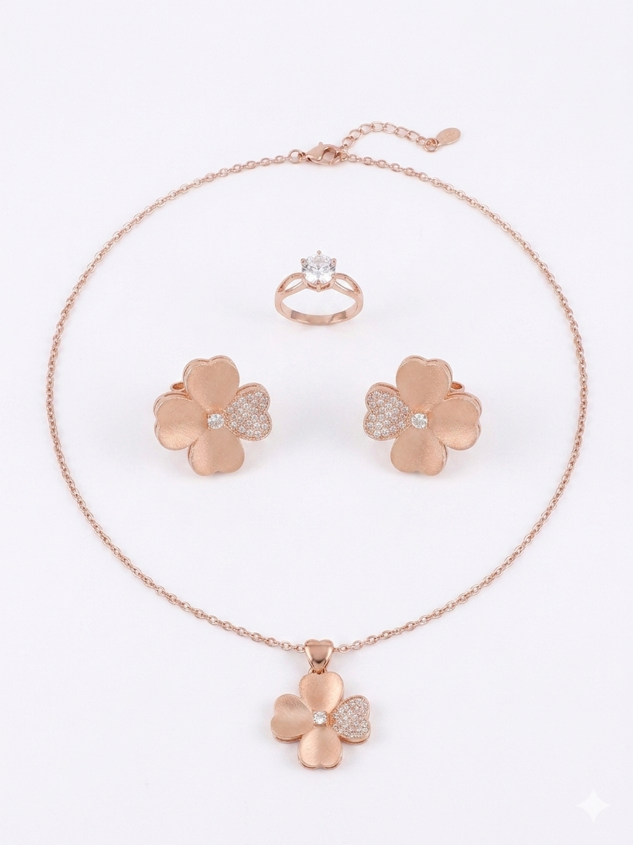 Rose Gold Flower Clover Necklace Earrings and Ring Jewellery Set