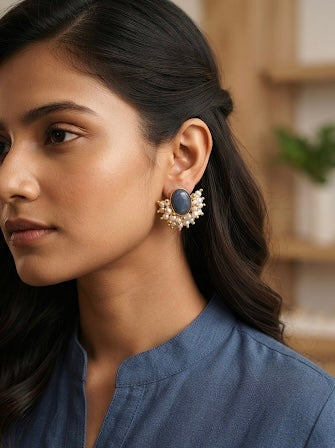 Aurora Blue Chalcedony &amp; Pearl Stud Earrings