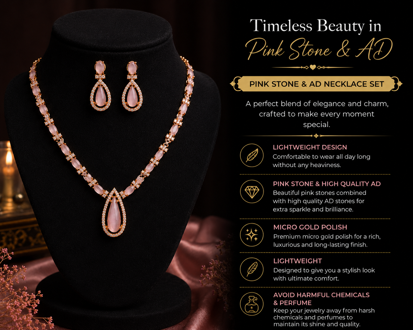 Pink Stone &amp; AD Necklace Set – Elegant Beauty with a Touch of Sparkle