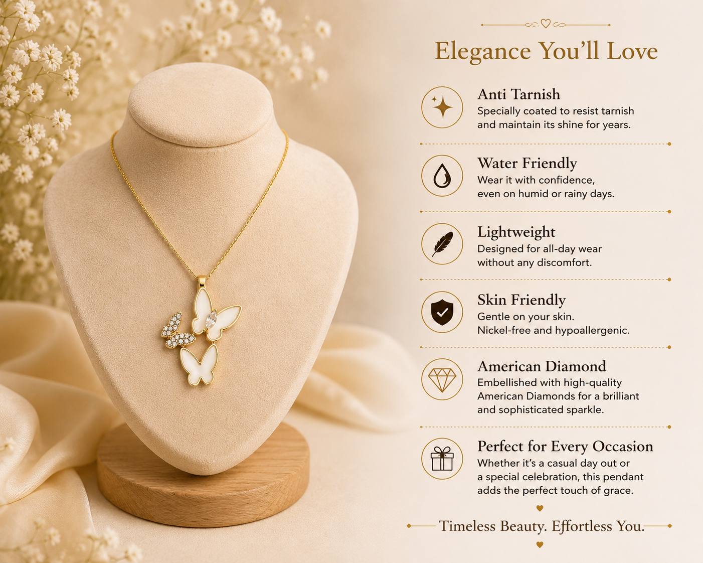 Butterfly American Diamond Pendant Necklace – Graceful Elegance for Every Day