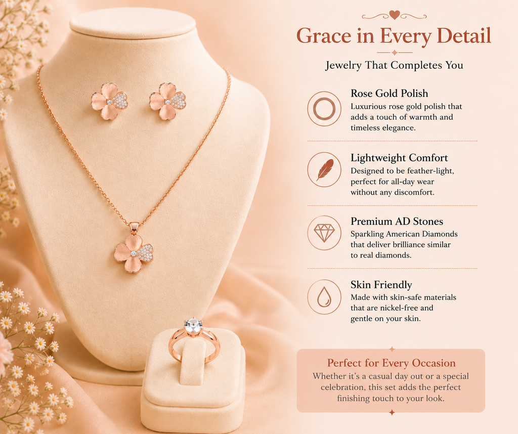 Rose Gold Clover Jewelry Set – Pendant, Earrings & Ring | Elegant Everyday Luxury