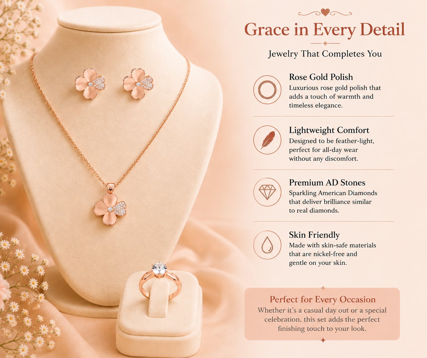 Rose Gold Clover Jewelry Set – Pendant, Earrings & Ring | Elegant Everyday Luxury