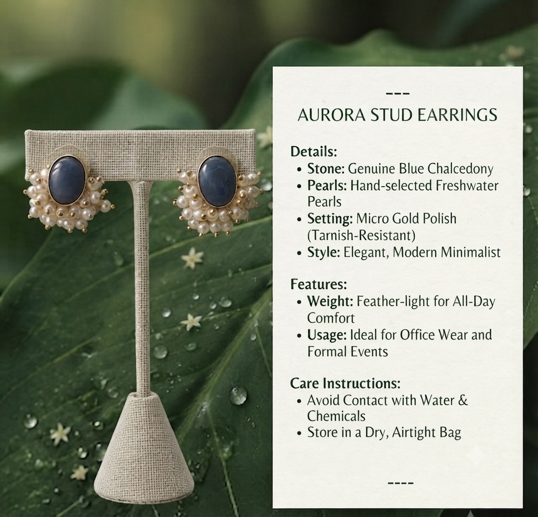 Aurora Blue Chalcedony &amp; Pearl Stud Earrings