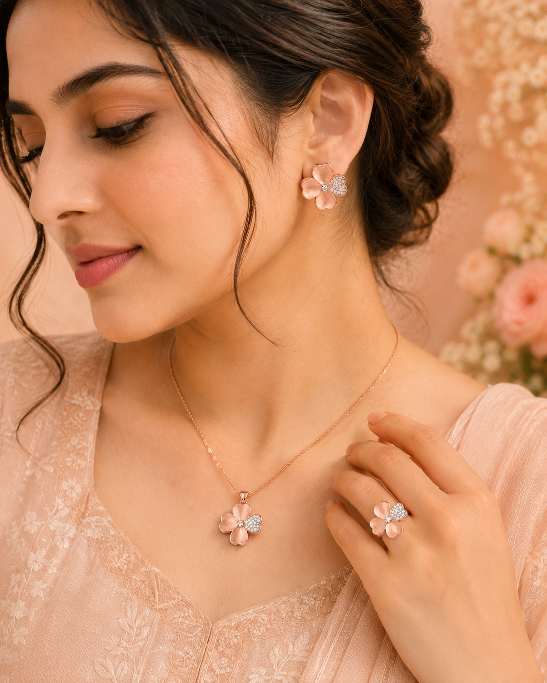 Rose Gold Clover Jewelry Set – Pendant, Earrings & Ring | Elegant Everyday Luxury