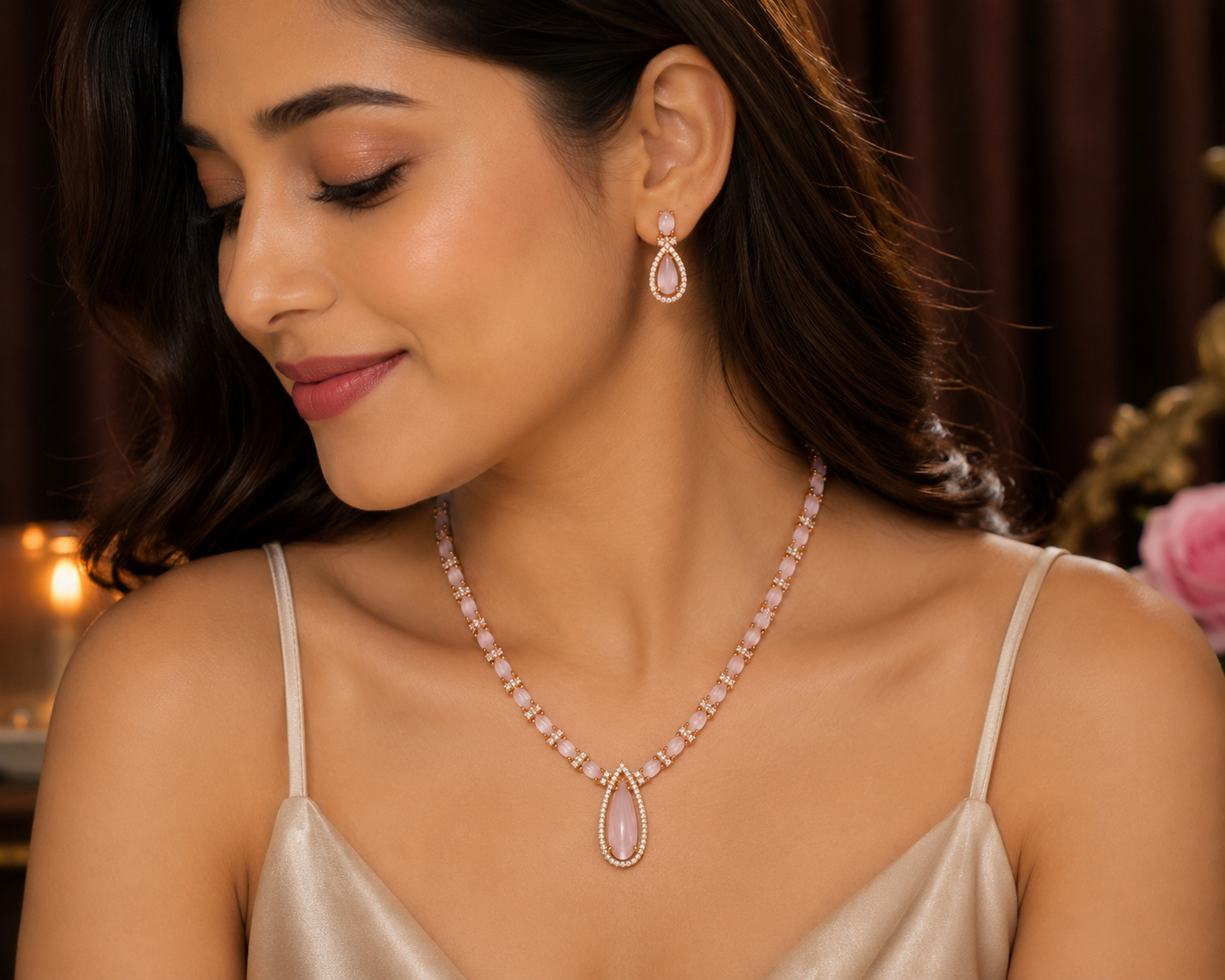 Pink Stone &amp; AD Necklace Set – Elegant Beauty with a Touch of Sparkle