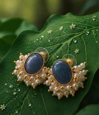 Aurora Blue Chalcedony &amp; Pearl Stud Earrings