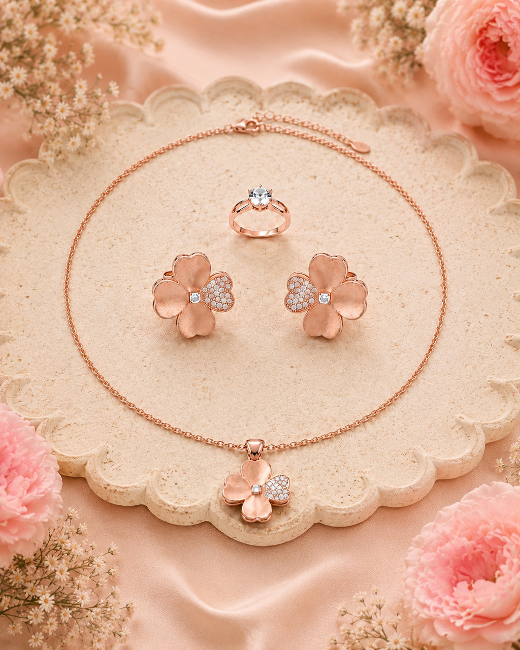 Rose Gold Clover Jewelry Set – Pendant, Earrings & Ring | Elegant Everyday Luxury