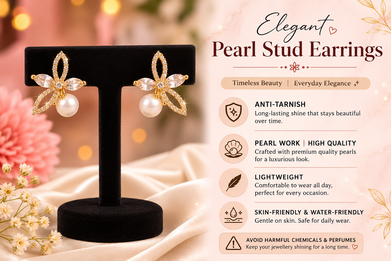 Elegant Pearl Stud Earrings – Timeless Beauty with a Touch of Sparkle